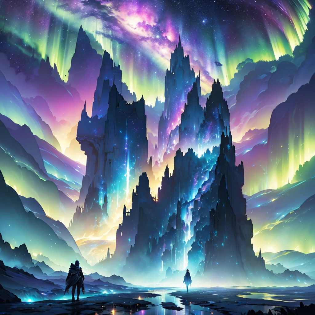 a breathtaking fantasy landscape, a mystical cosmic scene, a surreal starry night sky, a magical nebula, glowing stars, ethereal aurora, celestial clouds, distant galaxies, shimmering cosmic energy, dramatic lighting, cinematic composition, digital art, concept art, surreal, hyperrealistic, highly detailed, 8k, photorealistic, masterpiece