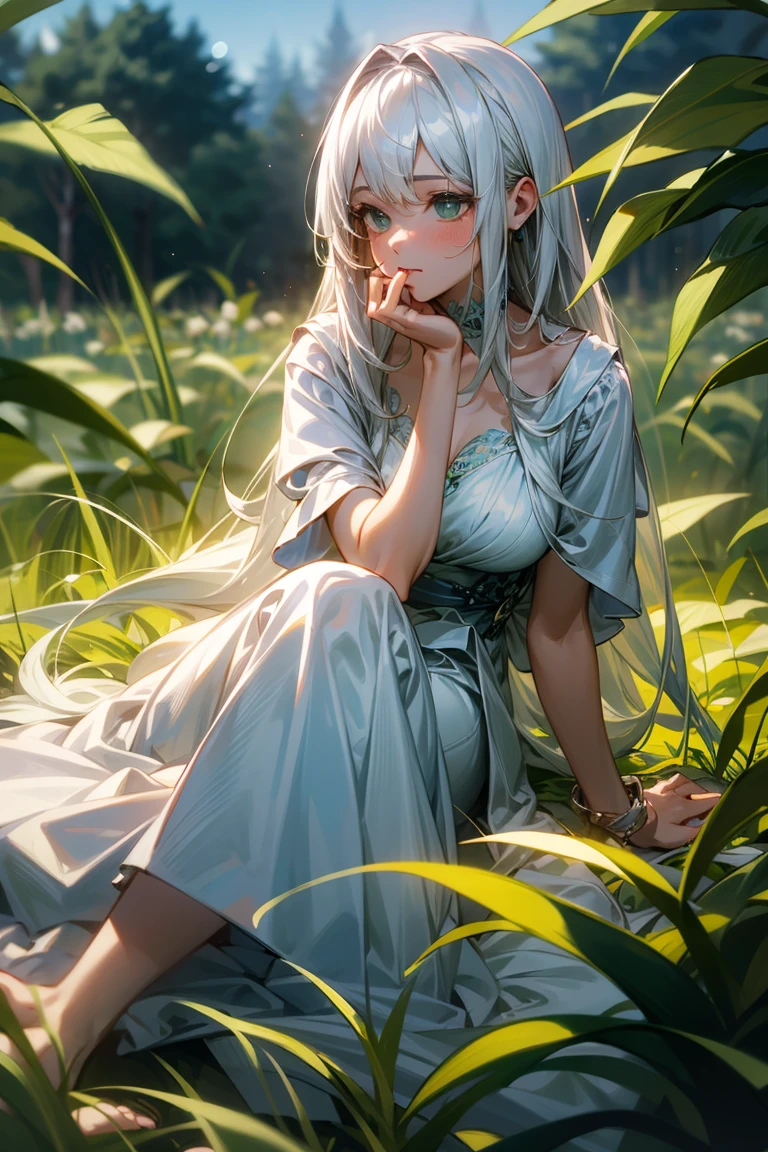 (masterpiece, best quality),1girl with long white hair sitting in a field of green plants and flowers, her hand under her chin, warm lighting, white dress, blurry foreground