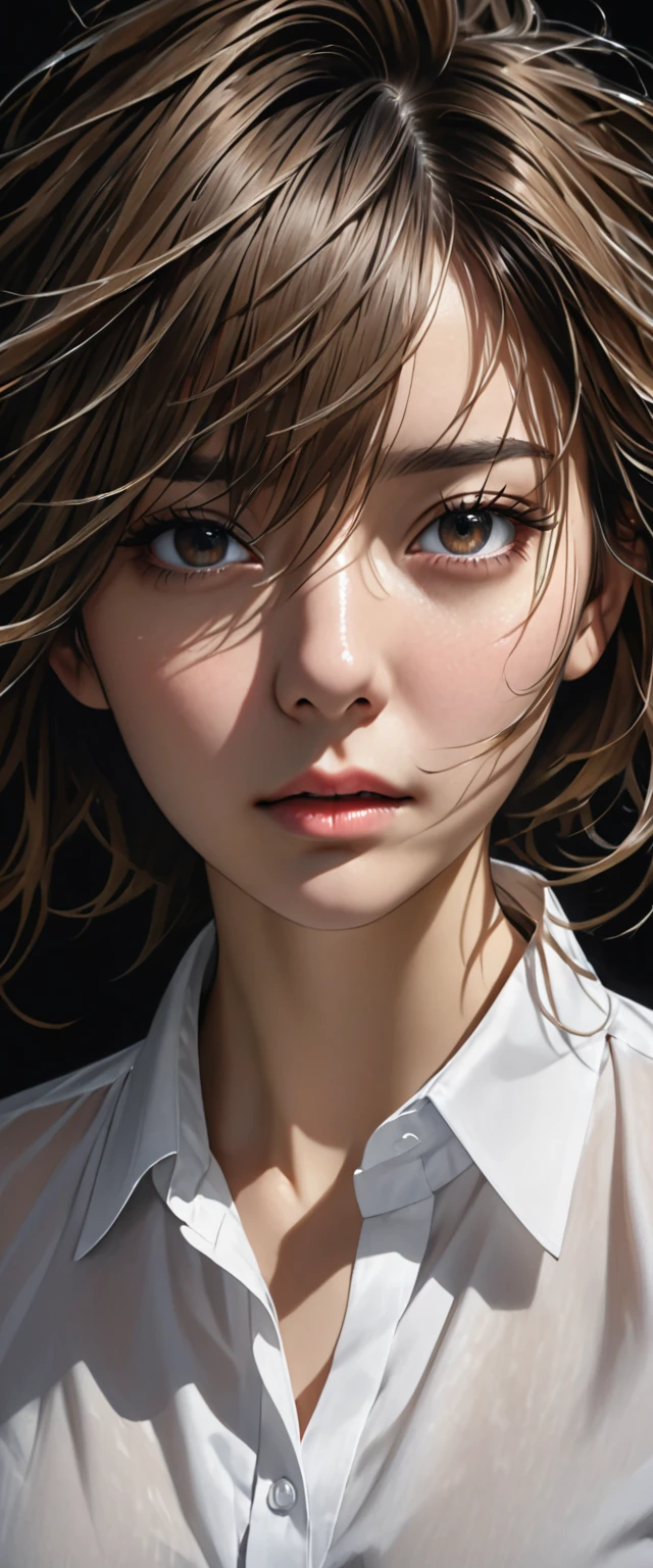 a woman's face is covered up with hair blowing around her eyes, 1girl, solo, messy hair, looking at viewer, shirt, white shirt, portrait, black background, nose, realistic, collared shirt