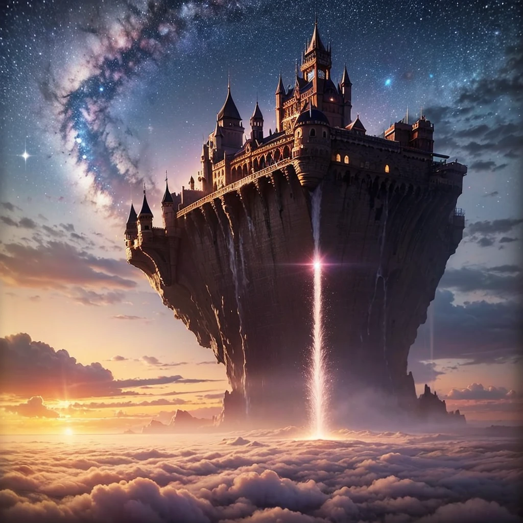 (8k, highest quality, masterpiece, final fantasy style: 1.2), (unRealistic, photoRealistic: 1.37), Dreamy landscape, Fantasy, Unsurreal landscapes, Super detailed, Flying Castle, Floating Island in the Sky, Seven-colored swirl of light, Intense lightning, milky way, Complex Light, Colored light, Large Lake, Starry sky reflected on the lake surface, Countless shining stars, Meteors, Reflections , (A pillar of light emanated from the ground:1,2),heavenly roses and orchids gardens on the ground , sunset, pink clouds, waterfall in the sky, realistic style, Hyperrealism drawing, fairies flying, a flying pirate ship floating at the clouds level