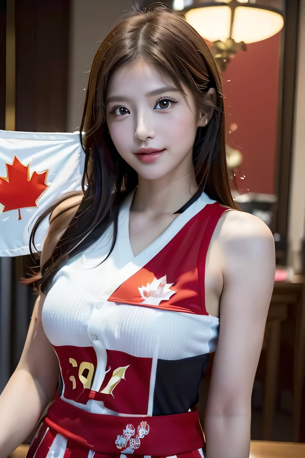 (((Women supporting the Paris Olympics:1.3))),(((Canadian flag themed costume:1.3))),(((Happy Woman:1.3))),(Maple Leaf Flag),(masterpiece,Highest quality,Ultra-high resolution output images,Write Boundary Depth,Intricate details,Add depth to your subject with contrast between light and shadow,Anatomically correct facial structure),(Picture Mode Ultra HD,)