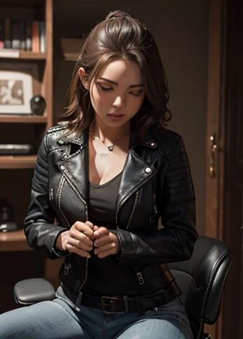 A woman in a leather jacket gets a prostate massage, ( prostate massage)