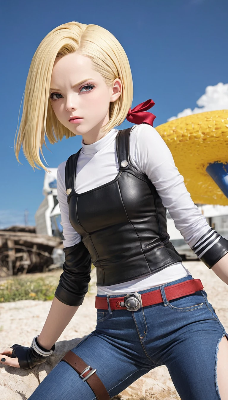 Android 18 from &#39;Dragon Ball&#39; in high quality. Show her in a confident pose, with his characteristic costume: jeans jacket, skirt and boots. Capture your determined and serene expression. Use an urban background or battlescape, with vibrant colors and details that highlight your strength and personality