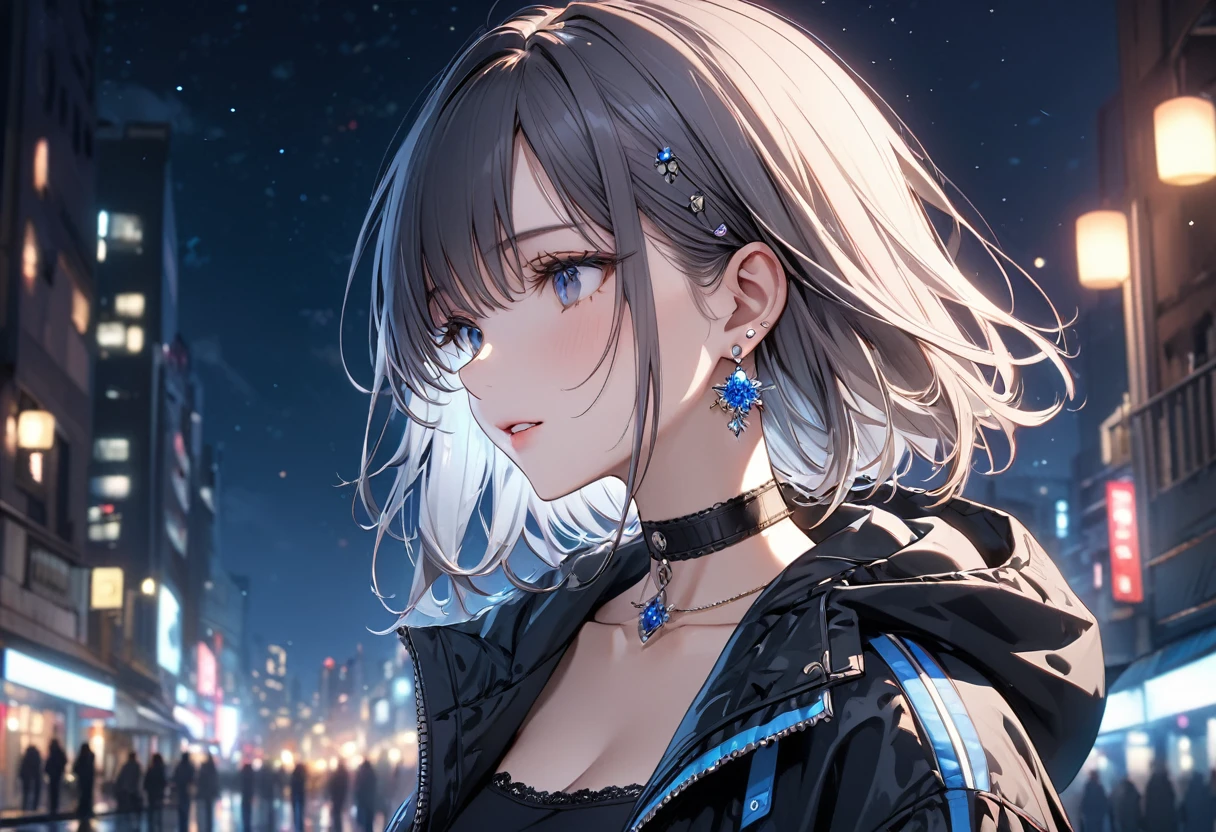 best quality, super_delicate, ultra detailed, beautiful, 8k, jacket, earrings, choker, night