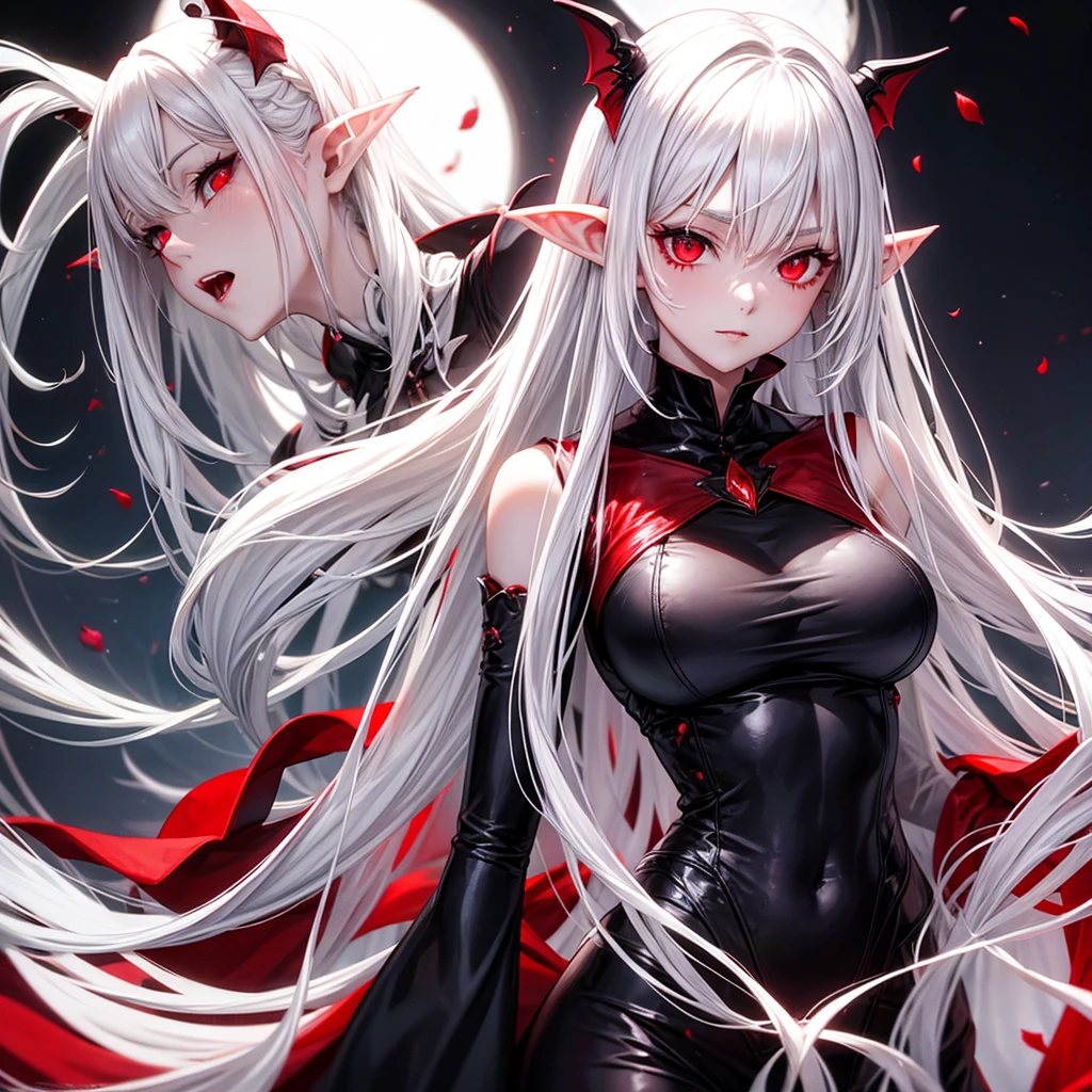 White hair, red eyes, large breasts, long pointy ears, vampire girl