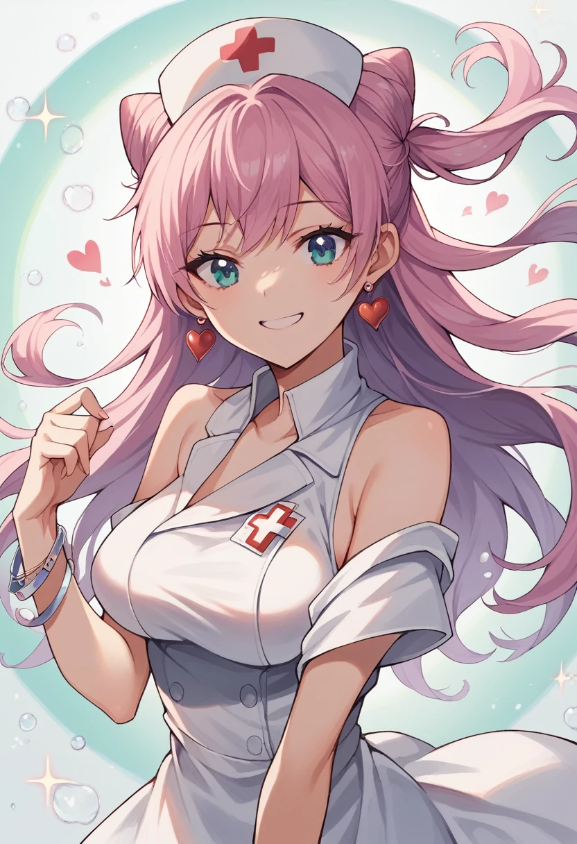 masterpiece, best quality, highres, chi1, 1girl, long hair, one side up, solo, bracelet, bangs, bare shoulders, nurses，hospitals，White nurse clothes，White nurse hat，looking at viewer，nurse, cowboy shot, smile,braid,cone hair bun, double bun, heart earrings,dynamic pose