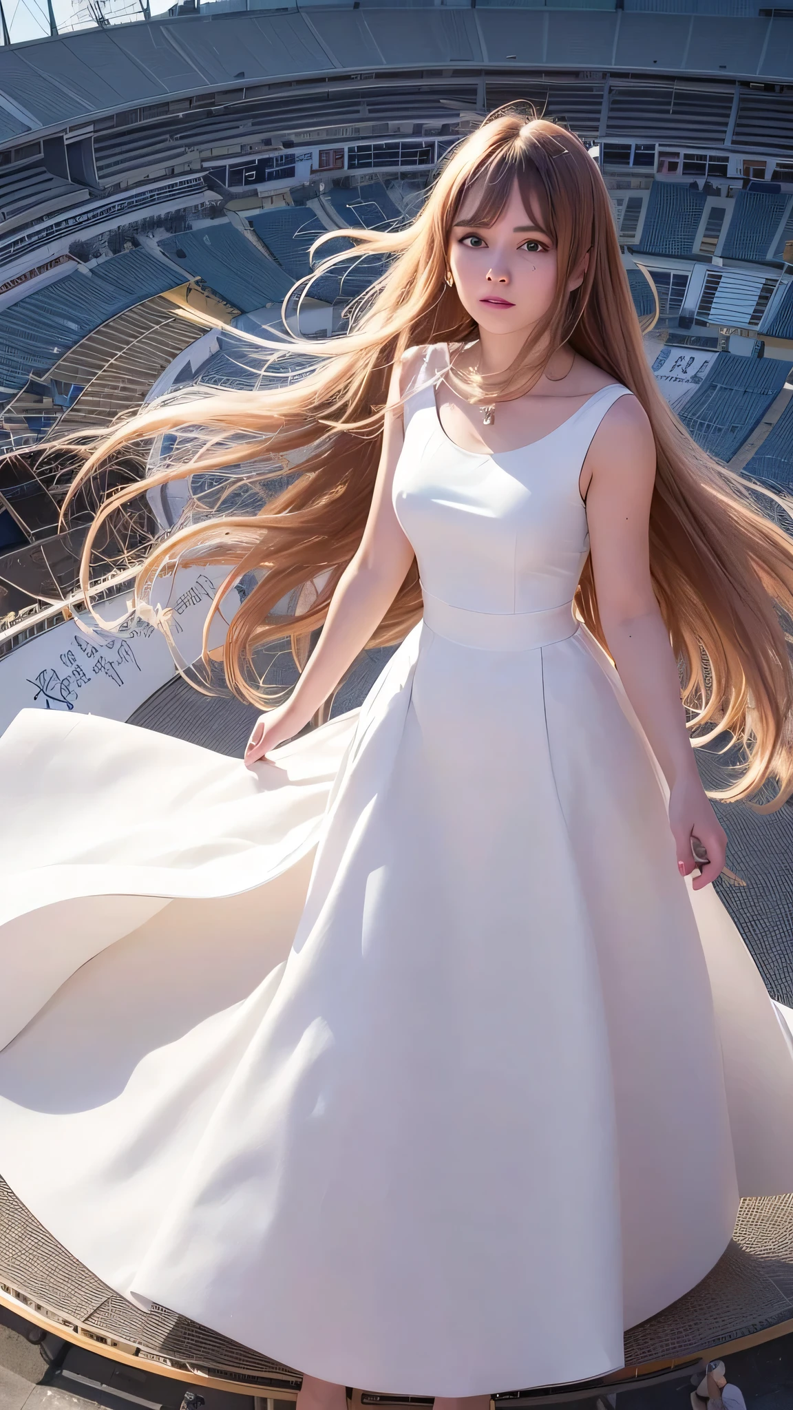 best quality, masterpiece, detailed,Real photo of a beautiful woman in a long white dress with a color circle design, round neck, hair in the wind, hands in flight, looking up, in the Grand Olympic Stadium