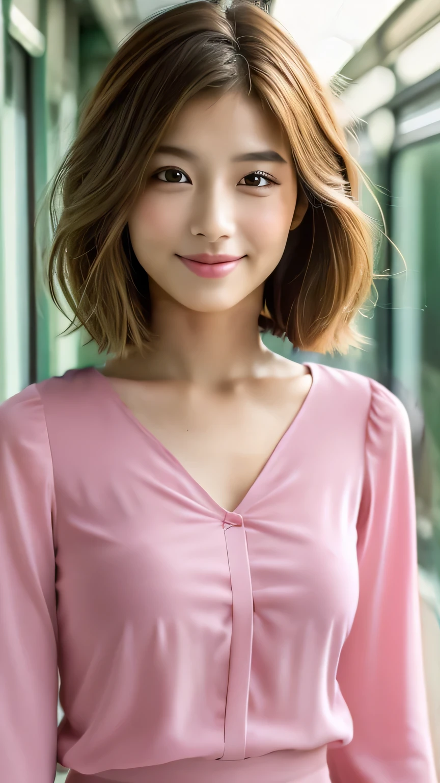 Long sleeve blouse in pink color、Bob Hair、Upper Body
