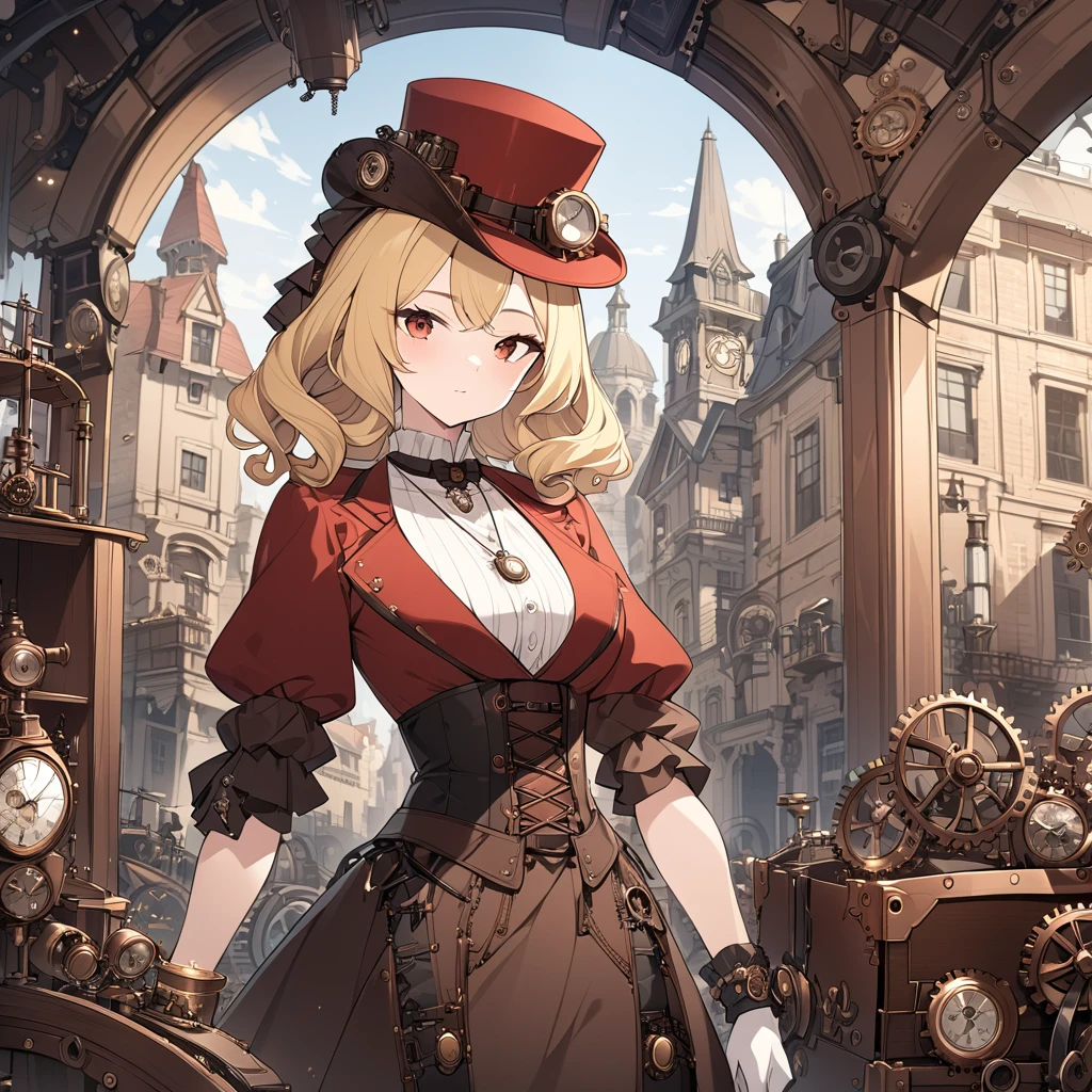 close, Straight blonde short curly hair  girl little red hat, Necklace Watches, (Victorian era), ((steampunk)), photograph, worked, elegant, Scrupulous, grow, Maximum details, Extremely aesthetic, Exquisitely crafted, Lots of gear, Old town background