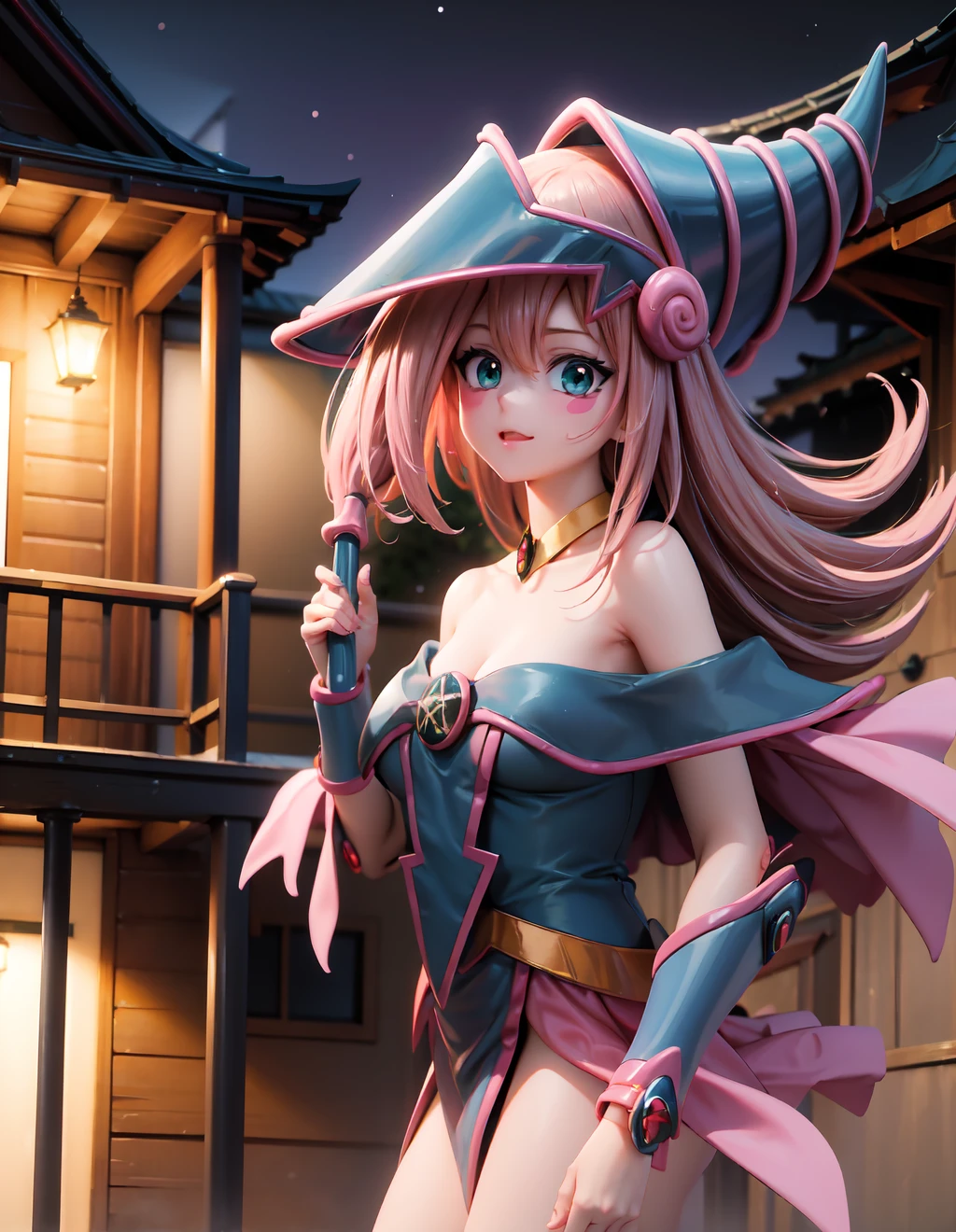 masterpiece,Best Quality,ultra detailed,8k,
ambient light,Realistic skin,shiny skin,
(dark magician girl, duel monster, blush stickers, by rubio, green eyes, by the wide, old, blush, hits, large old, hair between the eyes, pentacle, staff, has, dress, neckline, bare shoulders, clavicle, choker, blue hats, wizard has, brace, separate sleeves;)、
(Lie face down:1.3)、(portrait)、(the body is very wet:1.5)、Yukata、bright lips、Slightly highlights the lower lip.、blush、embarrassed expression、emphasizing the neckline、
Fantastic night sky、full moon、Aurora、horizon、outdoor bath、japanese in