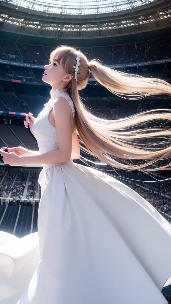 best quality, masterpiece, detailed,shiny,Real image of a beautiful woman in a long white dress with colored lines on the skirt, round neck, hair in the wind, hands in flight, looking up, in the great Olympic stadium, detailed edges