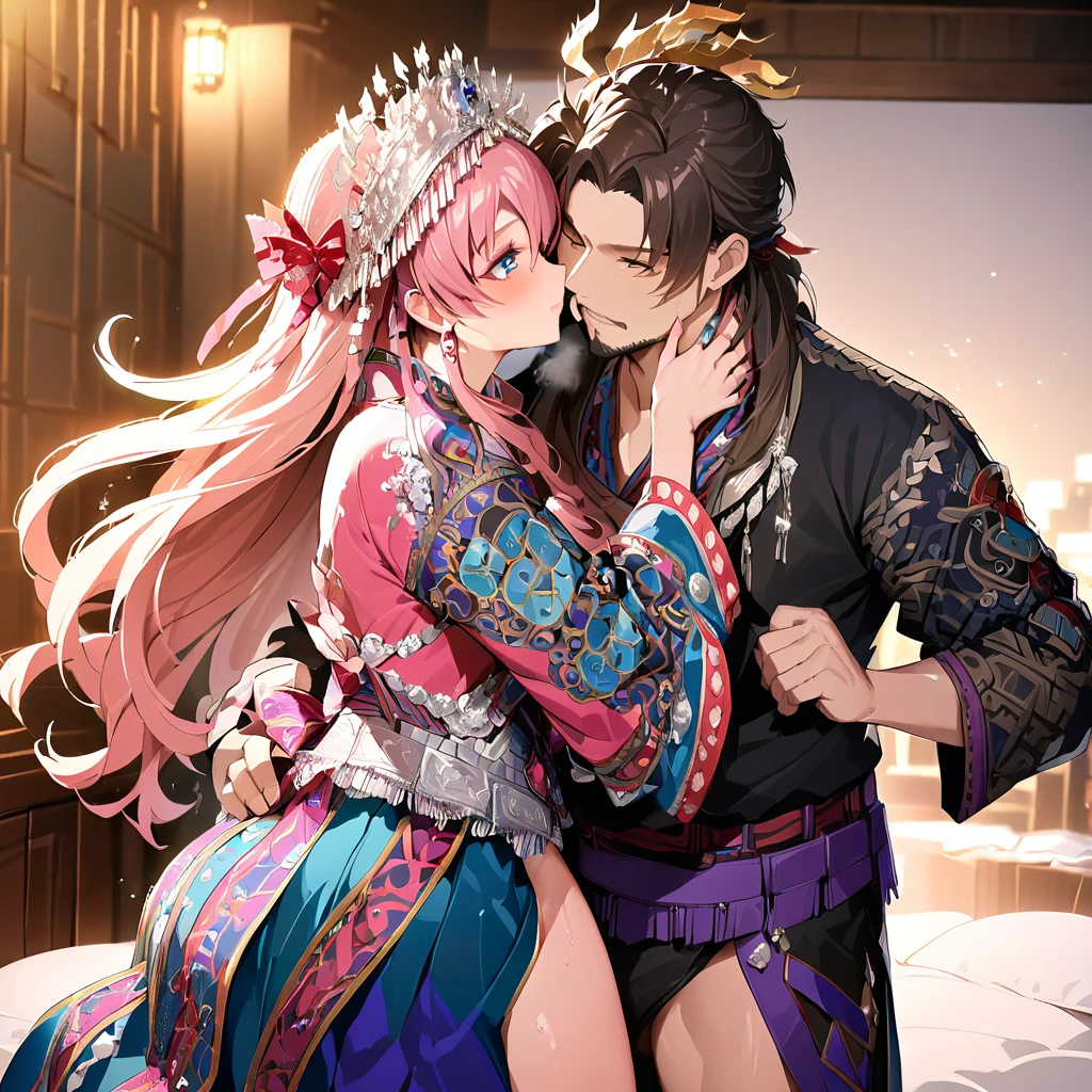 ((Highest quality)), ((masterpiece)), (detailed), （Perfect Face）、The woman is Lacus Clyne, with blue eyes, semi-long pink hair, and is wearing a gorgeous national costume and a gorgeous headdress.、She kisses her husband, a dignified, bearded, middle-aged emperor, has sex with him, and makes love to him.