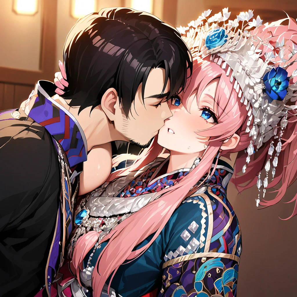 ((Highest quality)), ((masterpiece)), (detailed), （Perfect Face）、The woman is Lacus Clyne, with blue eyes, semi-long pink hair, and is wearing a gorgeous national costume and a gorgeous headdress.、She kisses her husband, a dignified, bearded, middle-aged emperor, has sex with him, and makes love to him.