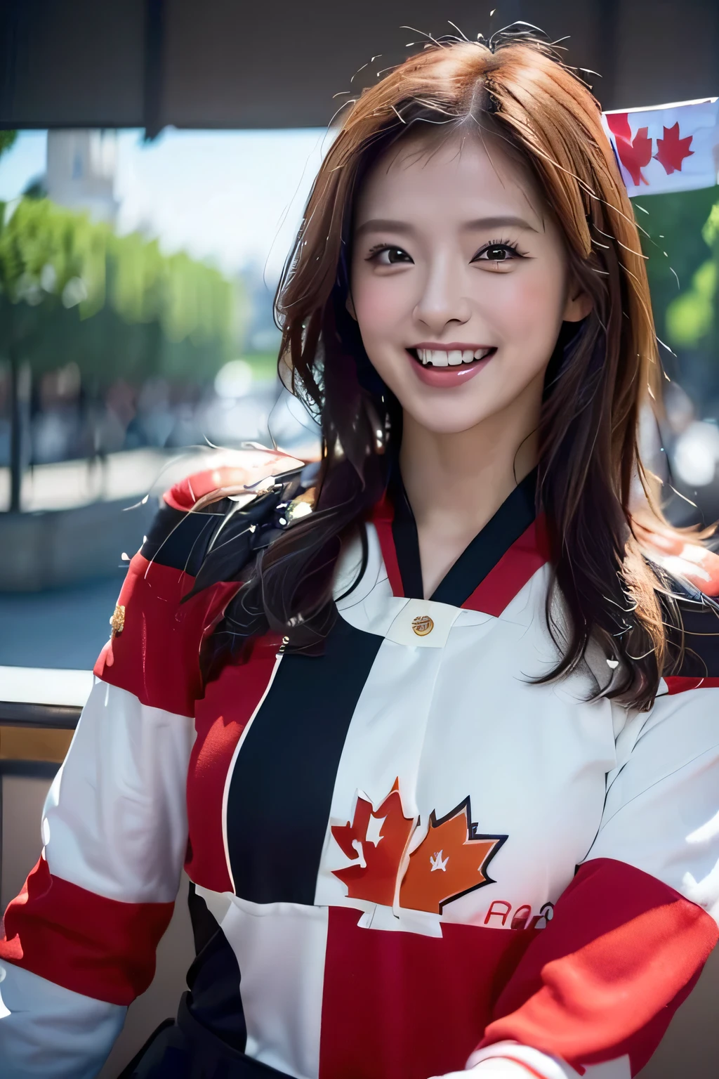 (((Women supporting the Paris Olympics:1.3))),(((Canadian flag themed costume:1.3))),(((Cute laughing woman:1.3))),(Maple Leaf Flag),(masterpiece,Highest quality,Ultra-high resolution output images,Write Boundary Depth,Intricate details,Add depth to your subject with contrast between light and shadow,Anatomically correct facial structure),(Picture Mode Ultra HD,)