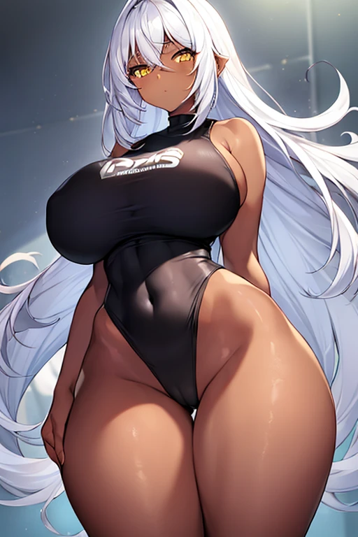 1girl, dark skin, black skin, dark-skinned female, white hair, long hair, large breasts, wide hips, thick thighs, shirt, sportswear, shy, timid, sports bra, hourglass figure, mature female, skin tight, tight clothes, yellow eyes, toned