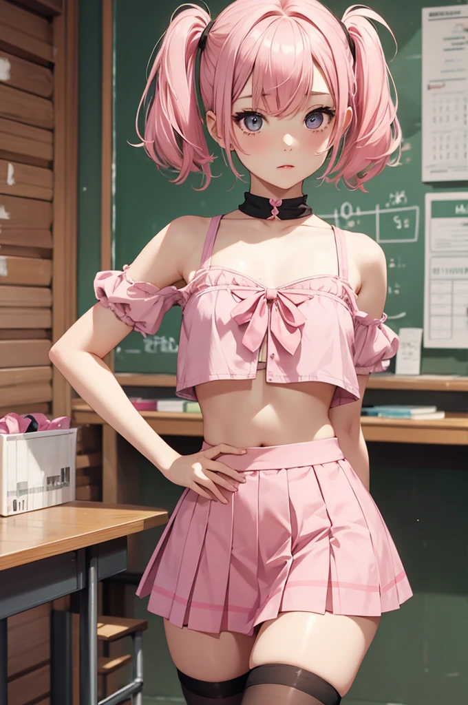 1 pretty woman, short pink hair with pigtails, small waist, skinny, small crop top, cotton skirt, young Classroom,PH Momo, momohd, phmomo, , black thighhighs,,