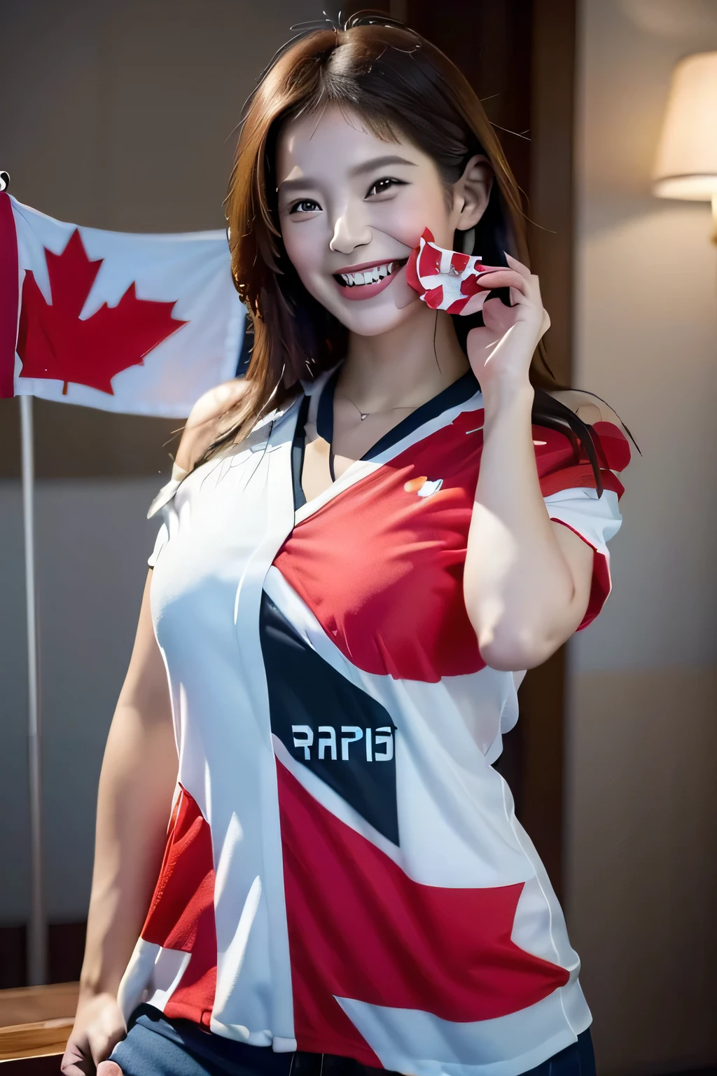 (((Women supporting the Paris Olympics:1.3))),(((Canadian flag themed costume:1.3))),(((Cute laughing woman:1.3))),(Maple Leaf Flag),(masterpiece,Highest quality,Ultra-high resolution output images,Write Boundary Depth,Intricate details,Add depth to your subject with contrast between light and shadow,Anatomically correct facial structure),(Picture Mode Ultra HD,)