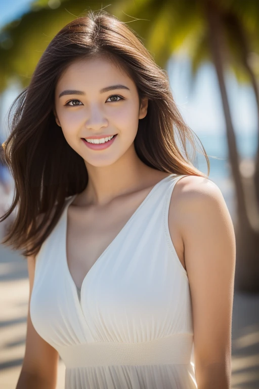 creates a photograph of a beautiful 22 year old woman, perfect silhouette, (full body:1.2), medium bust, (long hair: 1.2), very detailed facial and skin texture, detailed eyes, double eyelid work, (beach dress:1. 3), sincere smile ((best quality, 8K, masterpiece :1. 3)), (sharp focus :1.2), perfect silhouette beautiful woman:1.4, 2), , (natural light, La rue de la ville:1.1), taken on the beach
