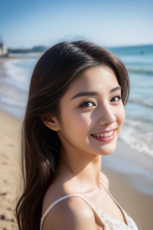 creates a photograph of a beautiful 22 year old woman, perfect silhouette, (full body:1.2), medium bust, (long hair: 1.2), very detailed facial and skin texture, detailed eyes, double eyelid work, (beach dress:1. 3), sincere smile ((best quality, 8K, masterpiece :1. 3)), (sharp focus :1.2), perfect silhouette beautiful woman:1.4, 2), , (natural light, La rue de la ville:1.1), taken on the beach