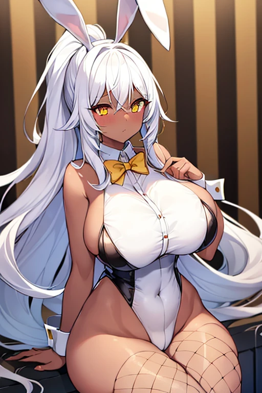 1girl, white hair, long hair, dark-skinned female, dark skin, yellow eyes, breasts, huge breasts, bowtie, wide hips, thick thighs, fishnets, bunnysuit, leotard, white bunnysuit, shy, timid, wavy mouth, ponytail, yellow trim, fishnet, fishnet legwear, gold trim