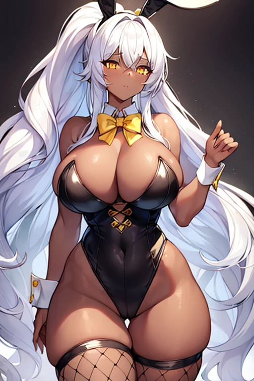 1girl, white hair, long hair, dark-skinned female, dark skin, yellow eyes, breasts, huge breasts, bowtie, wide hips, thick thighs, fishnets, bunnysuit, leotard, white bunnysuit, shy, timid, wavy mouth, ponytail, yellow trim, fishnet, fishnet legwear, gold trim