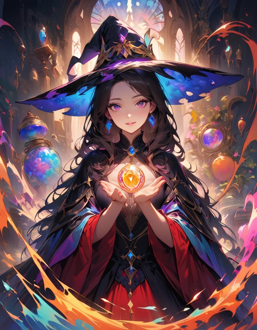 Detailed textures, high quality, high resolution, high accuracy, realism, color correction, correct lighting settings, harmonious composition. the cover of the art book "Harlequin dreamer" in a witch cat costume on a futuristic background, 1 girl, chest, witch hat, hat, red dress, cat ears, smile, parted lips, jewelry, earrings, solo, neckline, gemstone, holds in her hands, looks at the viewer, long sleeves, black hair, standing by the cauldron, neon slush, witch, Artoria Custer (third ascension), Magic circle, Circle Mantra, magic, white hell