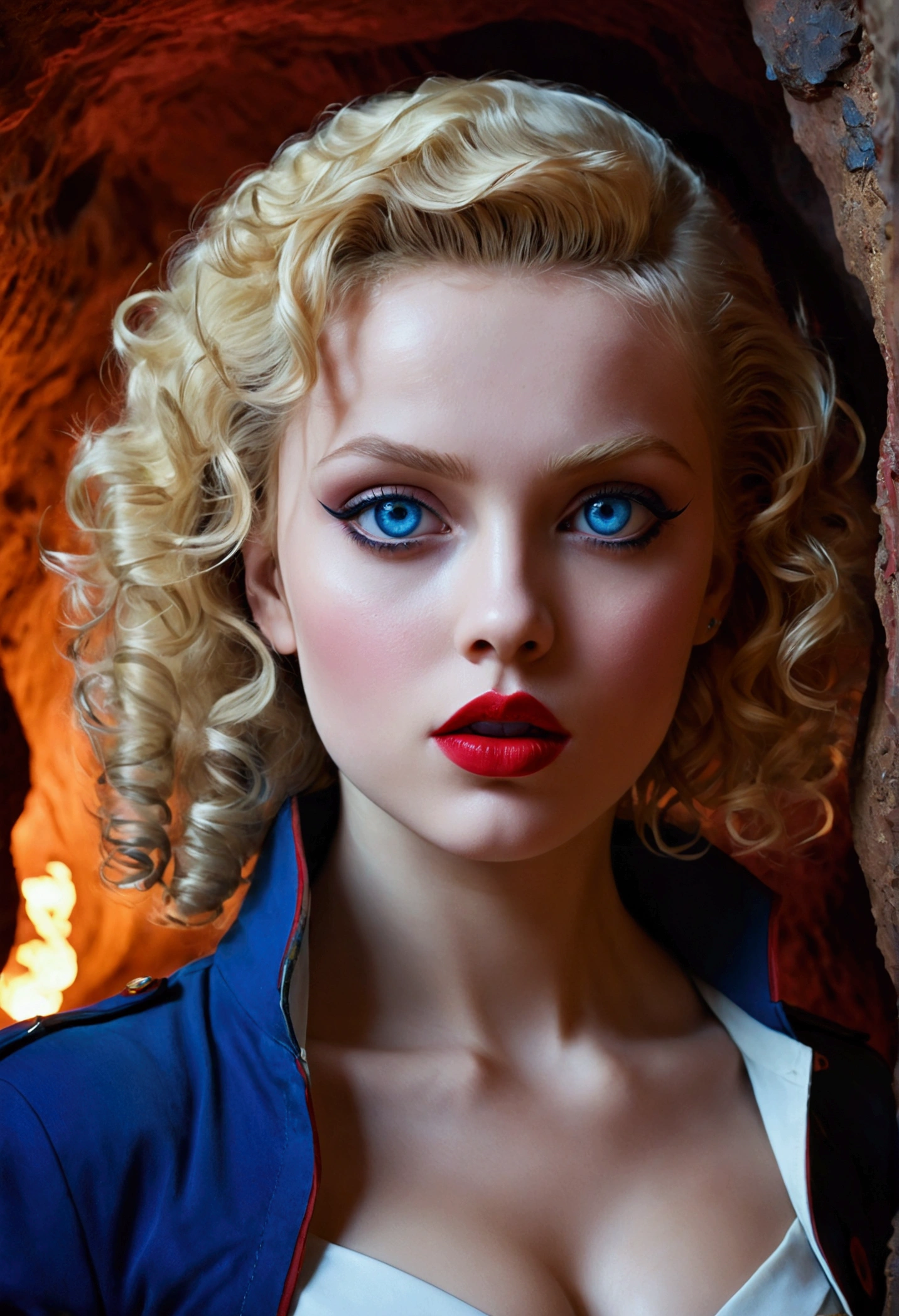 ((Best quality)), ((masterpiece)), ((realistic)), A blonde girl with intense blue eyes and thick, red lipstick on her full lips, exploring inside a cave with soft, artificial lighting. The artwork should be created in a dark and contrasting color scheme, emphasizing the mysterious atmosphere. It should be a digital painting in a realistic style, showcasing intricate details of the cave and the girl's features. The final piece should be of high definition, portraying the girl as the focal point on eye level, creating a scenic masterpiece, Cinematic, Hyper-detailed, insane details, Beautifully color graded,(masterpiece:1.2, best quality), (real picture, intricate details), (1lady, solo, curvy upper body, big ) The clothes are gold avant-garde, avant-garde, Experiment with appearance：curlies，Dramatic makeup，Unconventional fashion choice behavior：rebelliousness、non-conformist、Provocation location：demon eyes,urban art district --v testp, CARTOON_DC_powergirl_ownwaifu, 3d character,  eyes