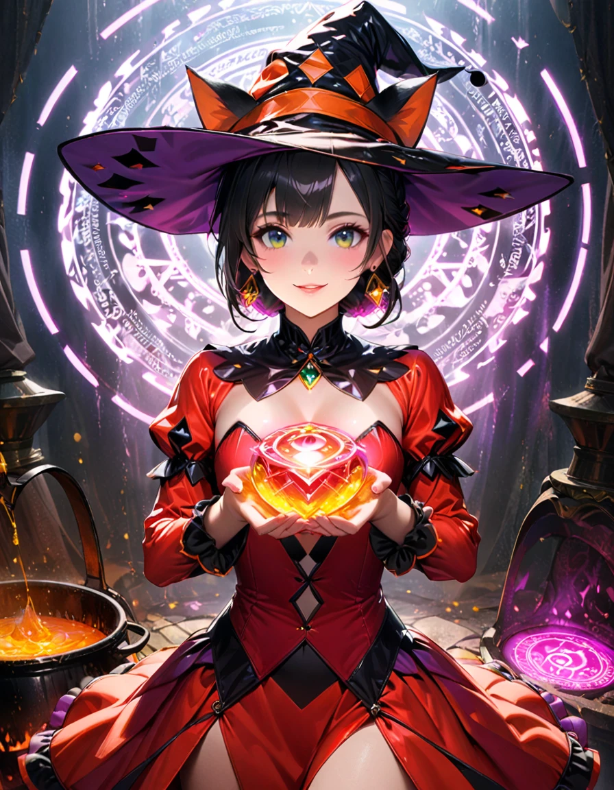 Detailed textures, high quality, high resolution, high accuracy, realism, color correction, correct lighting settings, harmonious composition. the cover of the art book "Harlequin dreamer" in a witch cat costume on a futuristic background, 1 girl, chest, witch hat, hat, red dress, cat ears, smile, parted lips, jewelry, earrings, solo, neckline, gemstone, holds in her hands, looks at the viewer, long sleeves, black hair, standing by the cauldron, neon slush, witch, Artoria Custer (third ascension), Magic circle, Circle Mantra, magic, white hell