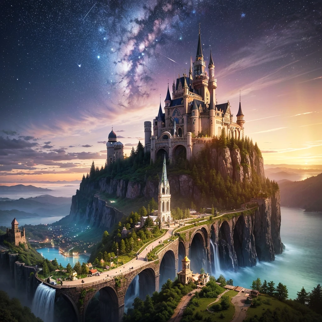 (8k, highest quality, masterpiece, final fantasy style: 1.2), (unRealistic, photoRealistic: 1.37), Dreamy landscape, Fantasy, Unsurreal landscapes, Super detailed, Flying Castle, Floating Island in the Sky, Seven-colored swirl of light, Intense lightning, milky way, Complex Light, Colored light, Large Lake, Starry sky reflected on the lake surface, Countless shining stars, Meteors, Reflections , (A pillar of light emanated from the ground:1,2),heavenly roses and orchids gardens on the ground , sunset, pink clouds, waterfall in the sky, realistic style, Hyperrealism drawing, fairies flying,