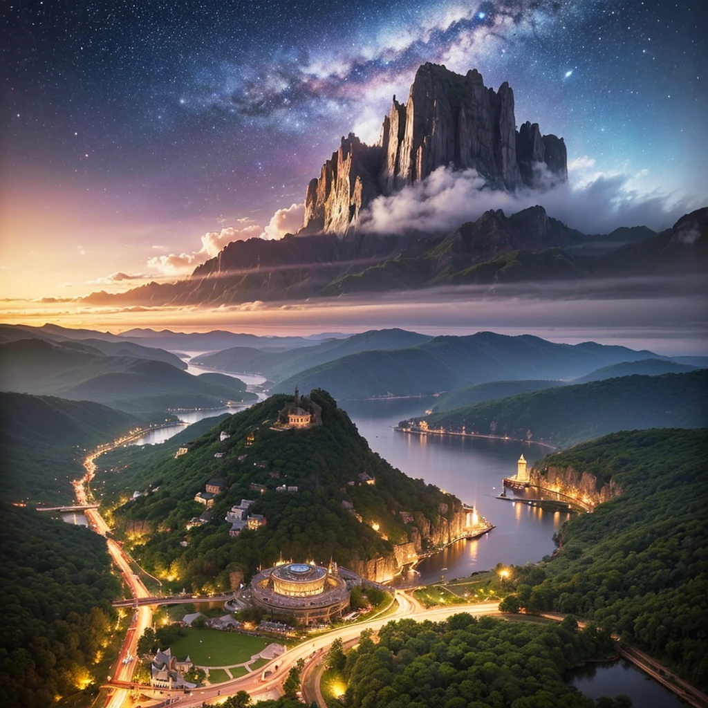 (8k, highest quality, masterpiece, final fantasy style: 1.2), (unRealistic, photoRealistic: 1.37), Dreamy landscape, Fantasy, Unsurreal landscapes, Super detailed, Flying Castle, Floating Island in the Sky, Seven-colored swirl of light, Intense lightning, milky way, Complex Light, Colored light, Large Lake, Starry sky reflected on the lake surface, Countless shining stars, Meteors,  Reflections , (A pillar of light emanated from the ground:1,2),heavenly roses and orchids gardens on the ground , sunset, pink clouds, waterfall in the sky, realistic style, Hyperrealism drawing, fairies flying, 