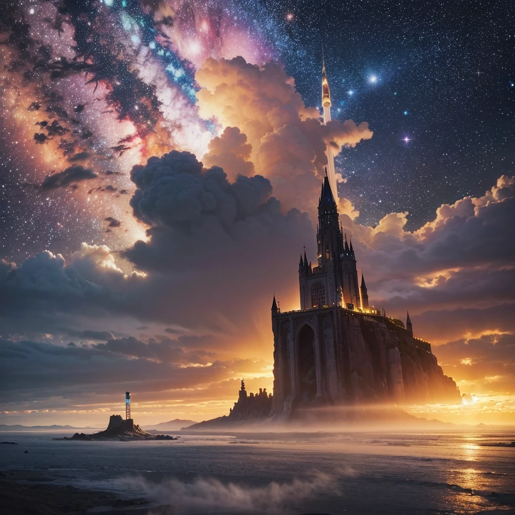 (8k, highest quality, masterpiece, final fantasy style: 1.2), (unRealistic, photoRealistic: 1.37), Dreamy landscape, Fantasy, Unsurreal landscapes, Super detailed, Flying Castle, Floating Island in the Sky, Seven-colored swirl of light, Intense lightning, milky way, Complex Light, Colored light, Large Lake, Starry sky reflected on the lake surface, Countless shining stars, Meteors, Reflections , (A pillar of light emanated from the ground:1,2),heavenly roses and orchids gardens on the ground , sunset, pink clouds, waterfall in the sky, realistic style, Hyperrealism drawing, fairies flying,