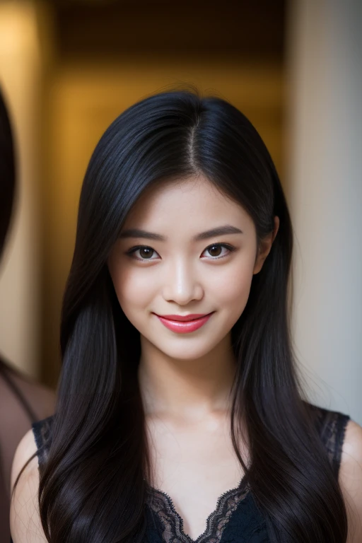 ((Best Quality, 8K, Masterpiece: 1.3)), A beautiful girl, pure, melon face, gentle and cute, sweet smile, pure desire, thin figure, (frontal), (tilted head), looking directly at the camera, Nude, black silky long straight hair, long hair flowing over the shoulders, round black big eyes, clear big eyes, moist red lips, sweet, sitting on the edge of the bed, window sill background,((Full body)),