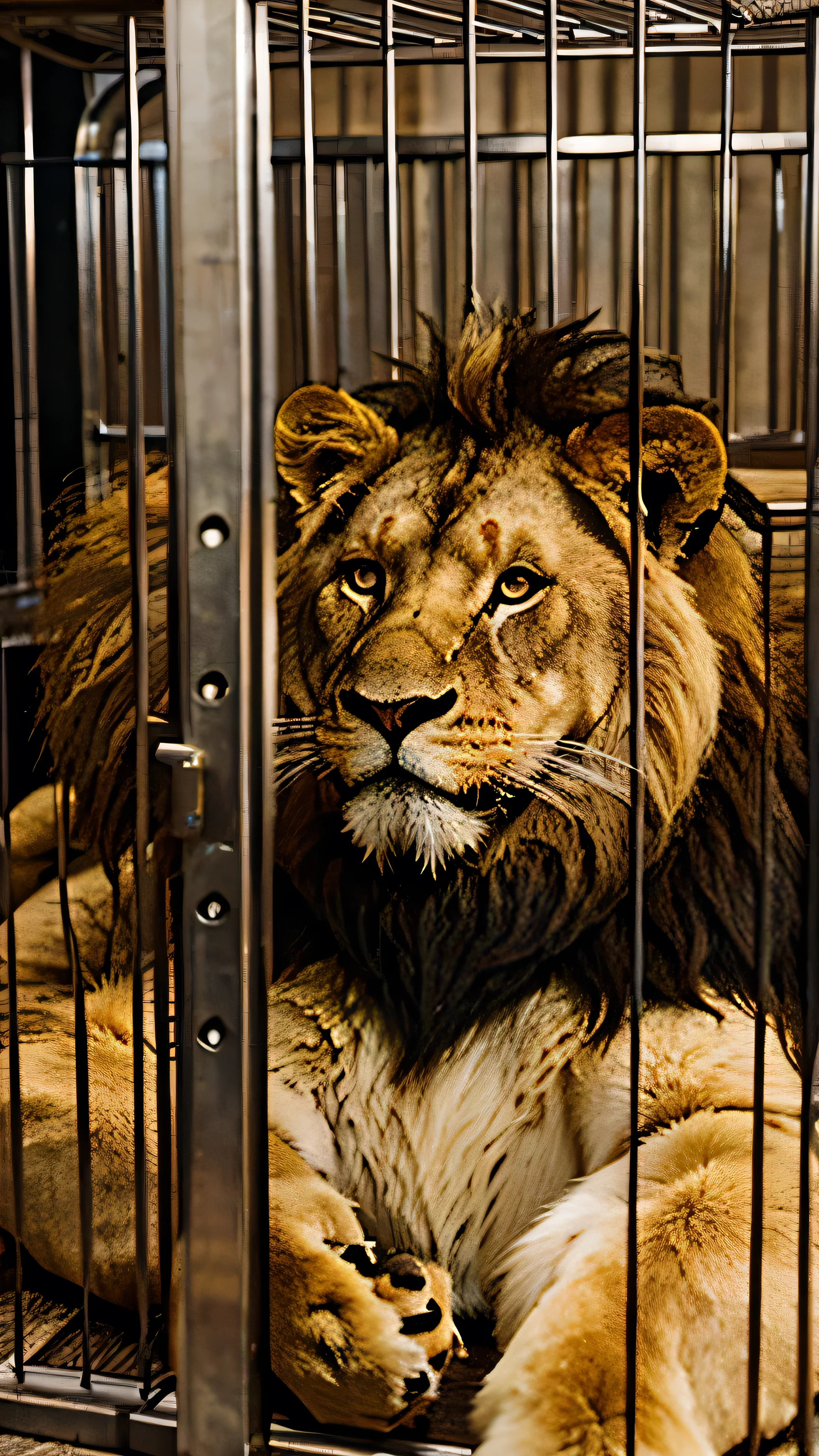 A fat lion in a cage