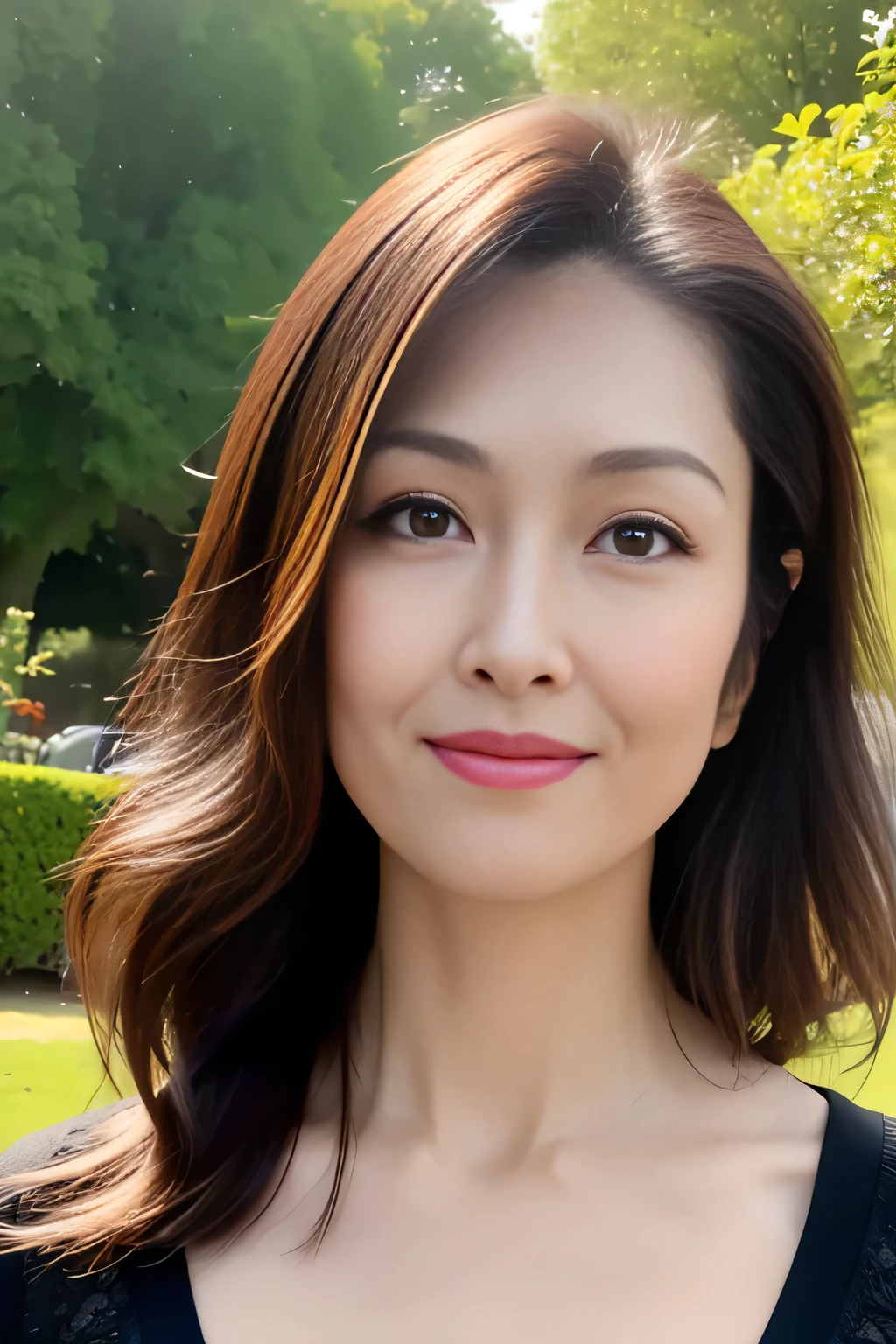 Dark brown hair, Light brown eyes, Japanese women, 40 years old, Intricate details, Upper body photo, (Detailed eyes), (Detailed facial features), Highest quality, Ultra-high resolution, 8k resolution, Written boundary depth, at the park, Medium sized breasts, Cleavage, Wearing a light blouse, (short hair), (View your audience), (Standing in a sexy pose)