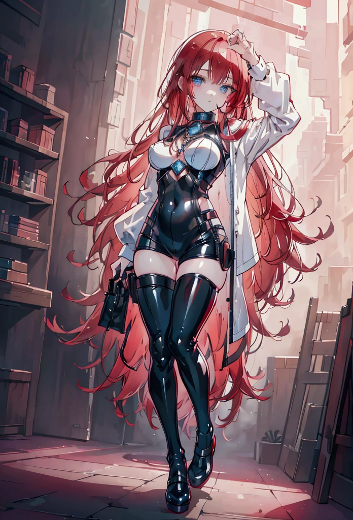 2d, masterpiece, best quality, anime, highly detailed face, highly detailed eyes, highly detailed background, perfect lighting, 1girl, solo, full body, standing, latex legwear, white shirt, red hair, amulet