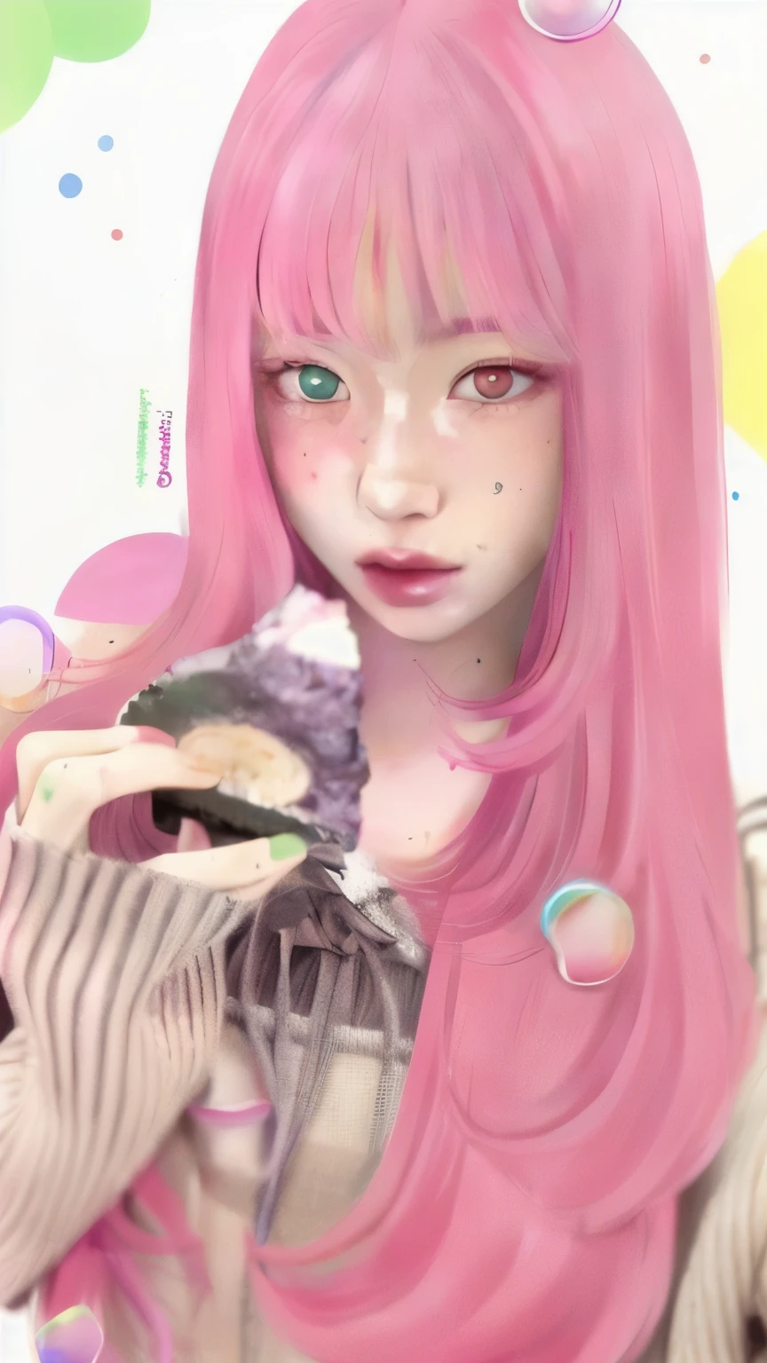 there is a woman with pink hair holding a piece of cake, kawaii realistic portrait, artwork in the style of guweiz, realistic 3d anime style, pink twintail hair and cyan eyes, realistic anime art style, inspired by Yanjun Cheng, Pink, with pink hair, Guweiz, realistic anime art style, realistic art style, anime realism style