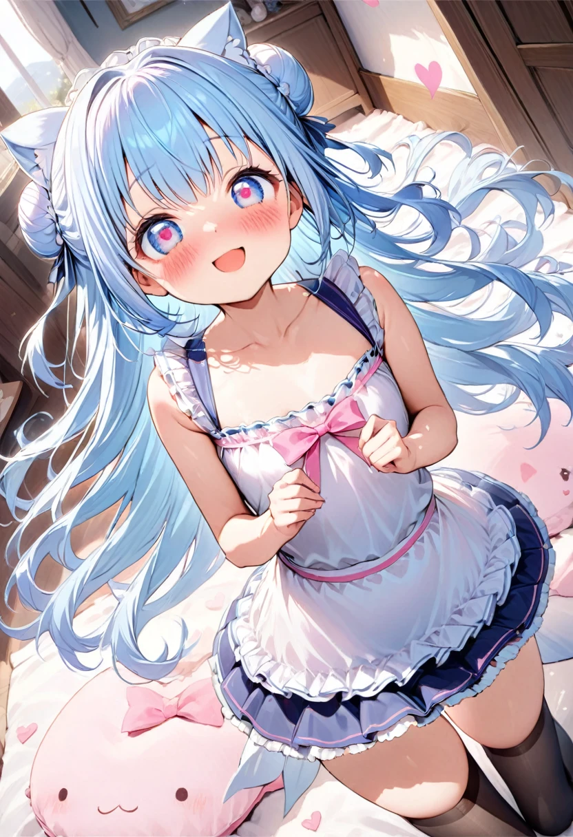 masterpiece, best quality, extremely detailed, (illustration, official art:1.1), 1 girl ,(((( light blue long hair)))), ,(((( light blue long hair)))),light blue hair, , long hair ((blush)) , cute face, big eyes, masterpiece, best quality,(((((a very delicate and beautiful girl))))),Amazing,beautiful detailed eyes,blunt bangs((((little delicate girl)))),(((tareme))),droopy eyes.(true beautiful:1.2), sense of depth,dynamic angle,,,, affectionate smile, (true beautiful:1.2),,(tiny 1girl model:1.2),)(flat chest),  a bun, my face is super blushing,pink heart eyes, a large pink tank top, a black skirt, black stockings, white shoes, ,a very shy girl who is taking off her stockings 