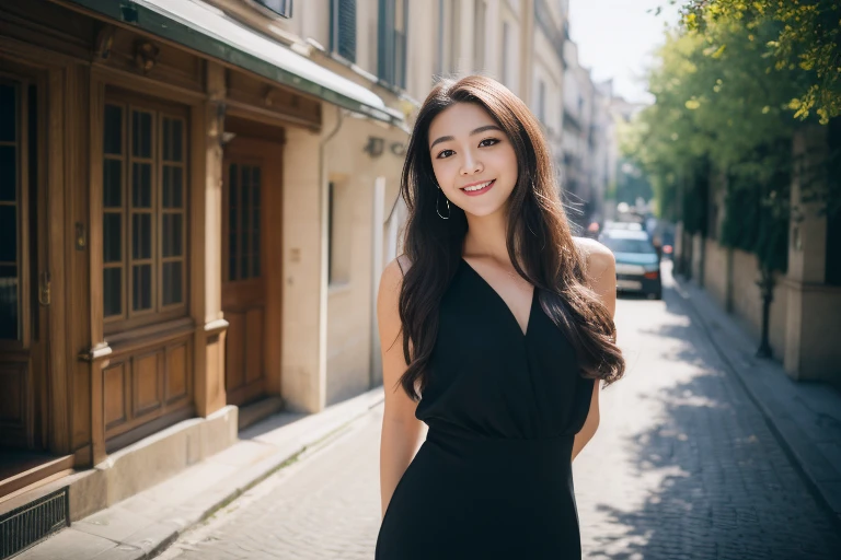 creates a photograph of a beautiful 22 year old woman, perfect silhouette, (full body:1.2), medium bust, (long hair: 1.2), highly detailed facial and skin texture, detailed eyes, double eyelid work, (black party dress:1. 3), sincere smile ((best quality, 8K, masterpiece :1. 3)), (sharp focus :1.2), perfect silhouette beautiful woman:1.4, 2), , (natural light, La rue de la ville:1.1), taken at a party