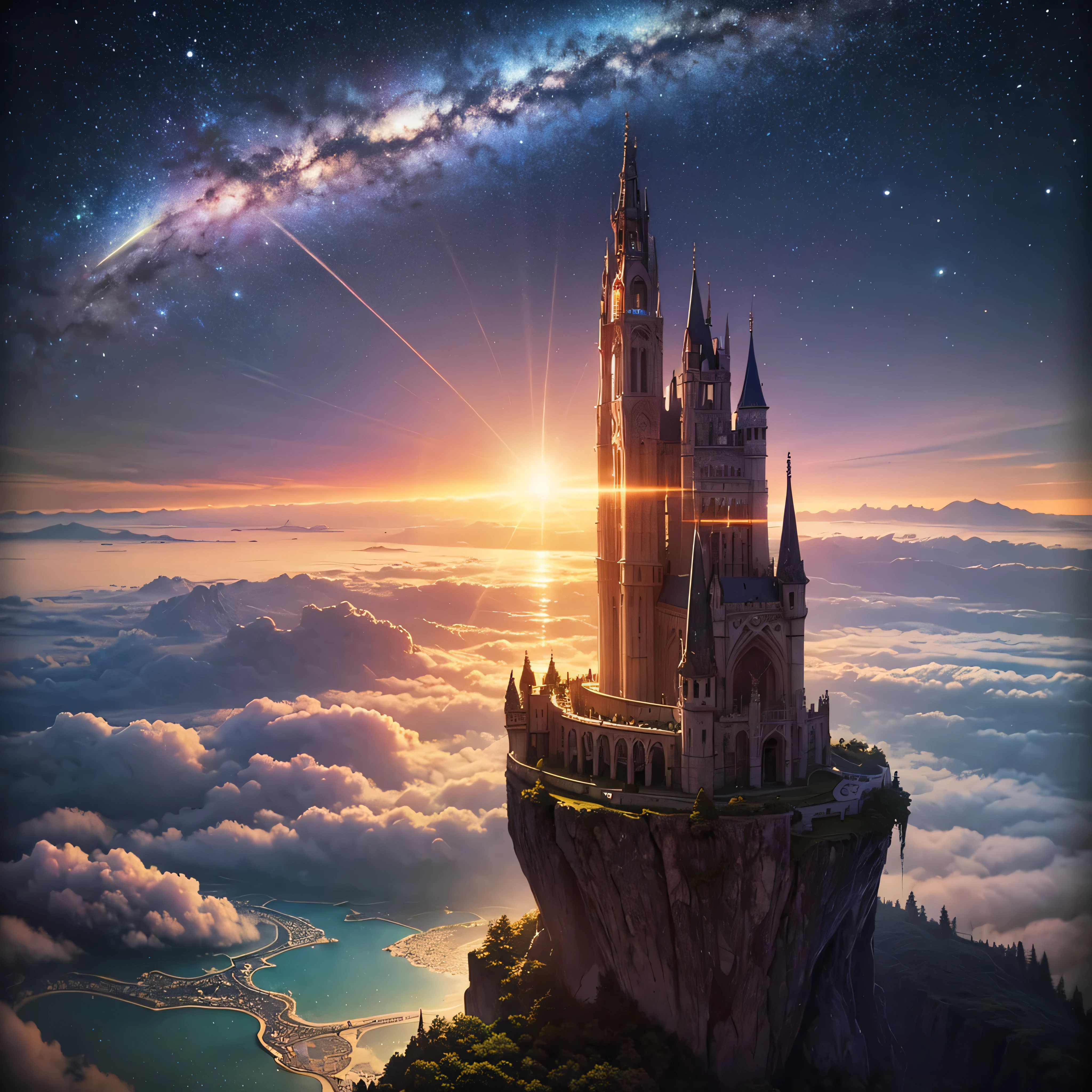 (8k, highest quality, masterpiece, final fantasy style: 1.2), (unRealistic, photoRealistic: 1.37), Dreamy landscape, Fantasy, Unsurreal landscapes, Super detailed, Flying Castle, Floating Island in the Sky, Seven-colored swirl of light, Intense lightning, milky way, Complex Light, Colored light, Large Lake, Starry sky reflected on the lake surface, Countless shining stars, Meteors, Reflections , (A pillar of light emanated from the ground:1,2),heavenly roses and orchids gardens on the ground , sunset, pink clouds, waterfall in the sky, realistic style, Hyperrealism drawing, fairies flying,