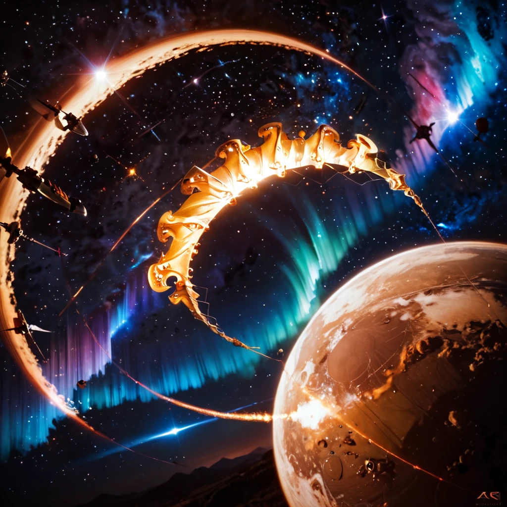 high quality, extremely detailed, Shining big (((golden battle scorpion))), up close, Eclipse, starry night sky, Aurora, space, Powerful, Awesome, majestic, 8 K, Surreal, realistic, check_9, check_8_up, check_7_up, break