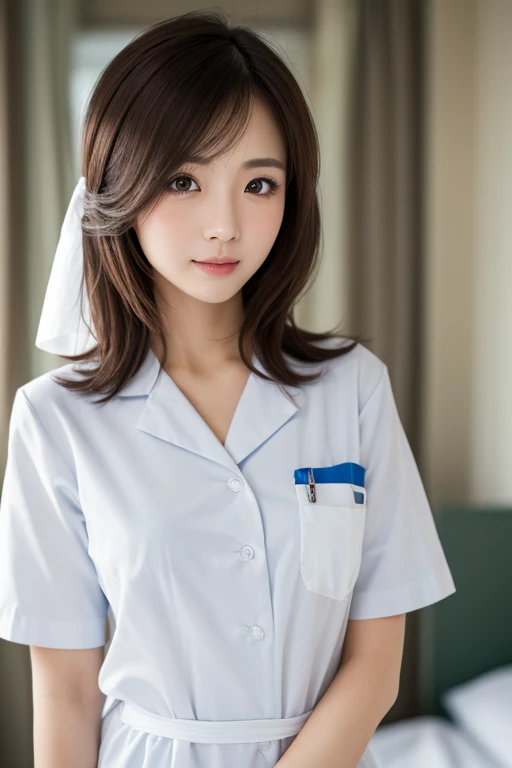 (Highest quality, 8k, 32K, masterpiece, Hmm...:1.2),Beautiful Japanese Women Photos, 1 girl, (Medium short dark brown hair), (Childlike flat chest 1.2), double eyelid, White nurse uniform, Little white nurse (cap), White shirt, Open shirt, hospital, hospital room, Upper Body, 