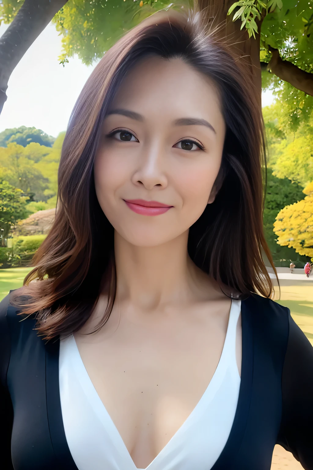 Dark brown hair, Light brown eyes, Japanese women, 40 years old, Intricate details, Upper body photo, (Detailed eyes), (Detailed facial features), Highest quality, Ultra-high resolution, 8k resolution, Written boundary depth, at the park, Medium sized breasts, Cleavage, Wearing a light blouse, (View your audience), (Standing in a sexy pose)