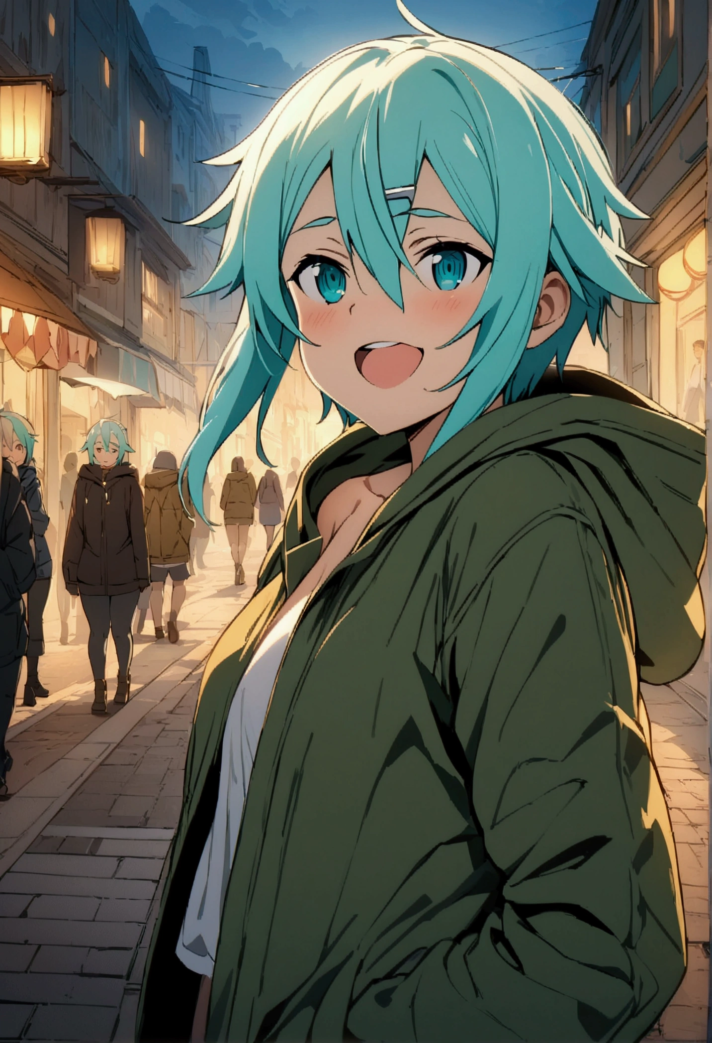 NSFW,masterpiece,Highest quality,High resolution,Very detailed,Sinon\(Sword Art Online\),Hooded parka,Happy face,bustling street