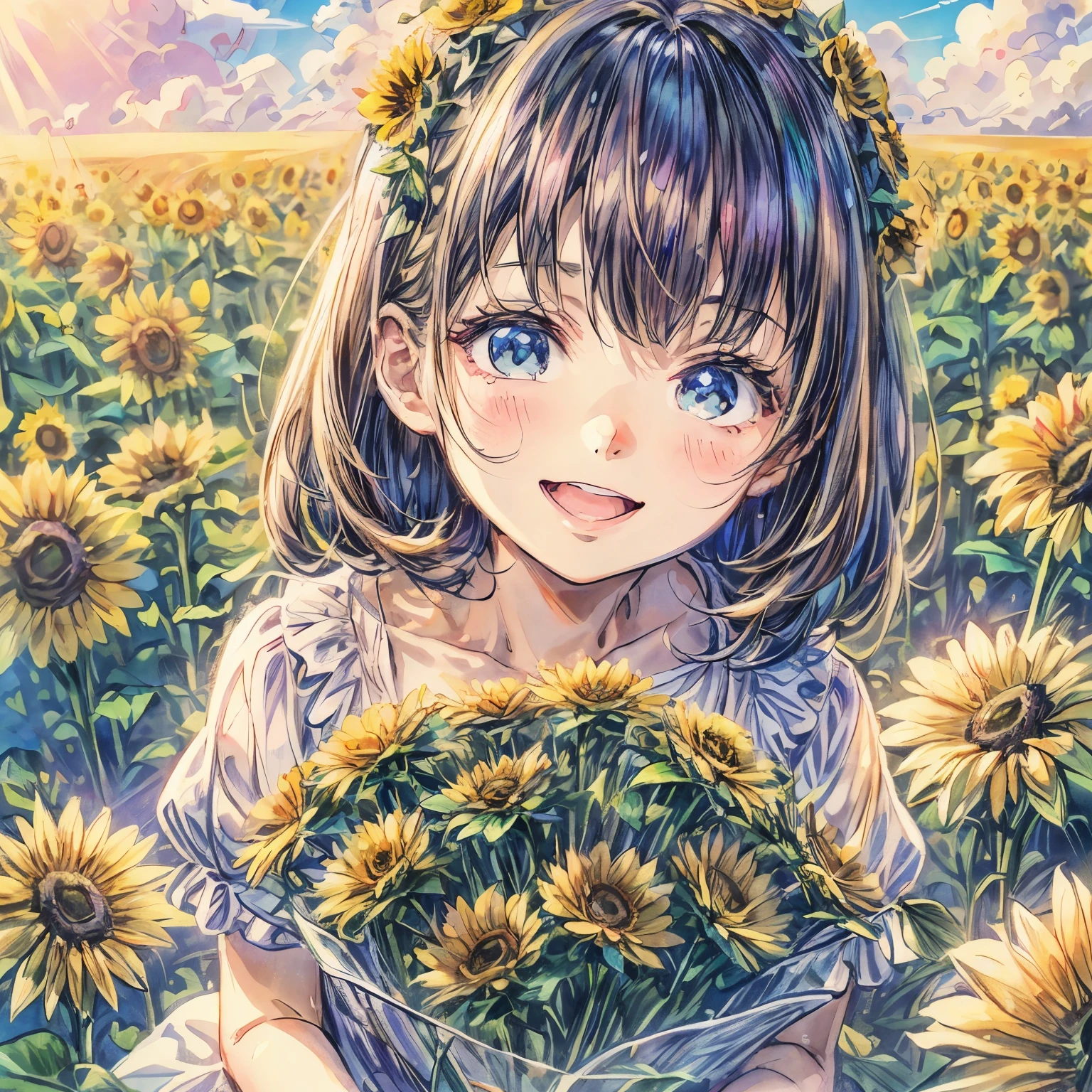 {Lowest Quality, Low Quality)}, A girl around 5 years old, wearing a white dress, is looking at me with a huge smile and her chin resting on her chin. She has a flower crown made of sunflower on her head. The background is a field of sunflower flowers and a clear blue background. Sky, Must-Have, Best Quality, Super Detailed,