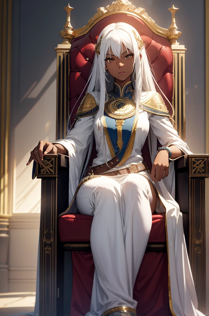 1girl, solo, long white hair, tall, slim, dark skin, brown eyes, serious, full body, egyptian attire, sitting on a throne, god rays, ray tracing, reflection light, best quality, 8k, highres, masterpiece, ultra-detailed, realistic, photorealistic, HDR, UHD, studio lighting, ultra-fine painting, sharp focus, physically-based rendering, extreme detail description, professional, vivid colors, bokeh, digital art