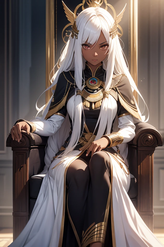 1girl, solo, long white hair, tall, slim, dark skin, brown eyes, serious, full body, egyptian attire, sitting on a throne, god rays, ray tracing, reflection light, best quality, 8k, highres, masterpiece, ultra-detailed, realistic, photorealistic, HDR, UHD, studio lighting, ultra-fine painting, sharp focus, physically-based rendering, extreme detail description, professional, vivid colors, bokeh, digital art