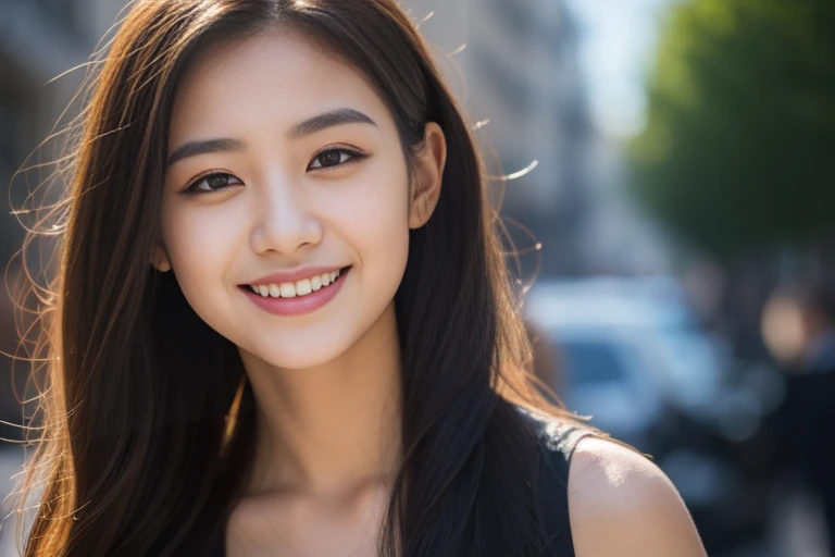 creates a close-up photograph of a beautiful 22 year old woman, perfect silhouette, (full body:1.2), medium bust, (long hair: 1.2), very detailed facial and skin texture, detailed eyes, double eyelid work, (black party dress:1. 3), sincere smile ((best quality, 8K, masterpiece :1. 3)), (sharp focus :1.2), perfect silhouette beautiful woman:1.4, 2), , (natural light, La rue de la ville:1.1),