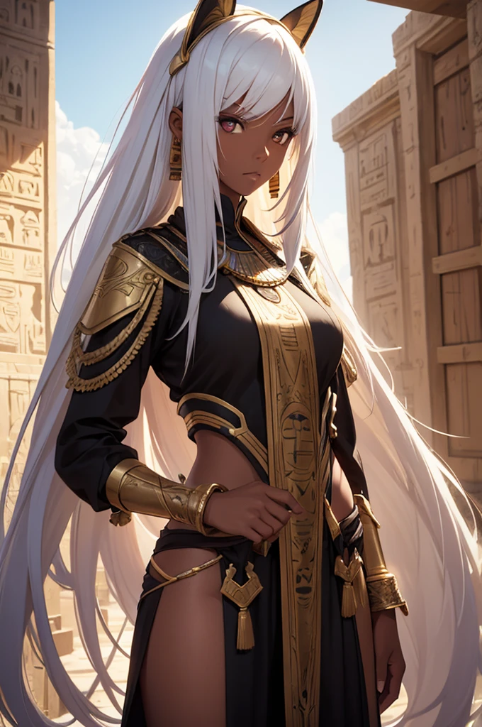 1girl, solo, long white hair, tall, slim, dark skin, brown eyes, serious, full body, egyptian attire, desert, god rays, ray tracing, reflection light, best quality, 8k, highres, masterpiece, ultra-detailed, realistic, photorealistic, HDR, UHD, studio lighting, ultra-fine painting, sharp focus, physically-based rendering, extreme detail description, professional, vivid colors, bokeh, digital art