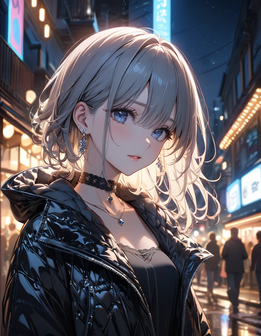 best quality, super_delicate, ultra detailed, beautiful, 8k, jacket, earrings, choker, night