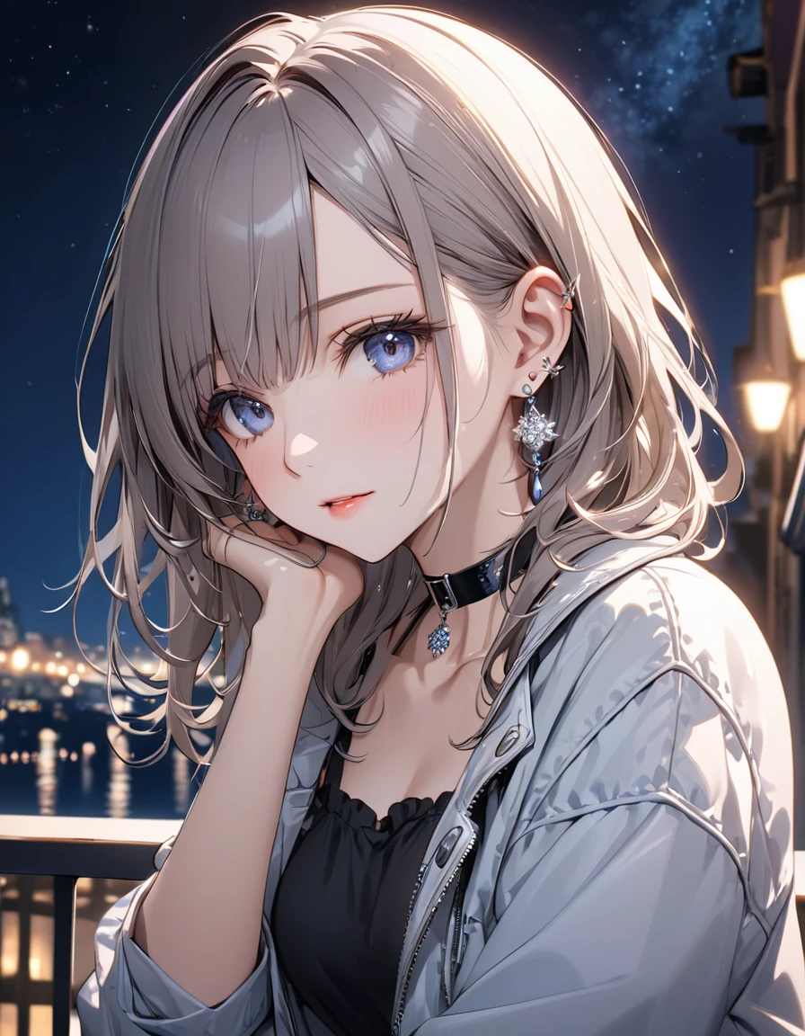 best quality, super_delicate, ultra detailed, beautiful, 8k, jacket, earrings, choker, night